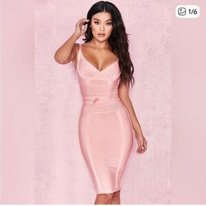 HOUSE OF CB Belice Tie Waist Bandage Dress in Pink Size S